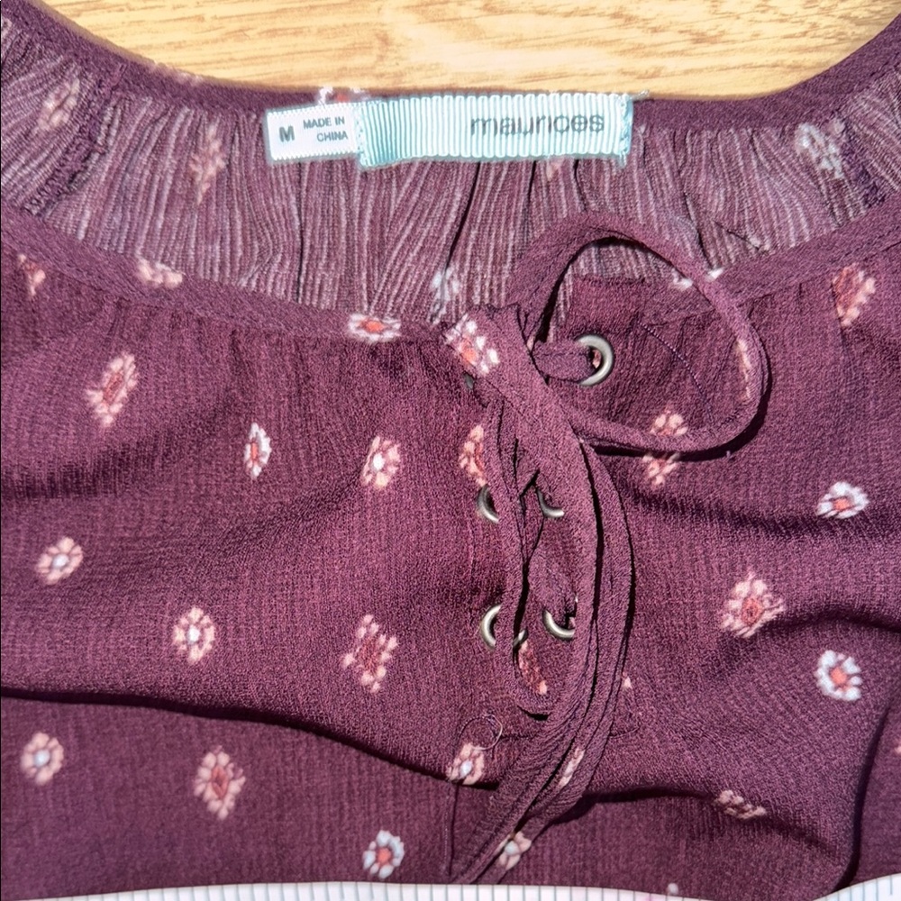 Maurices Burgundy Boho Peasant Mini Dress Tie Neck Size M - Picture 2 of 9